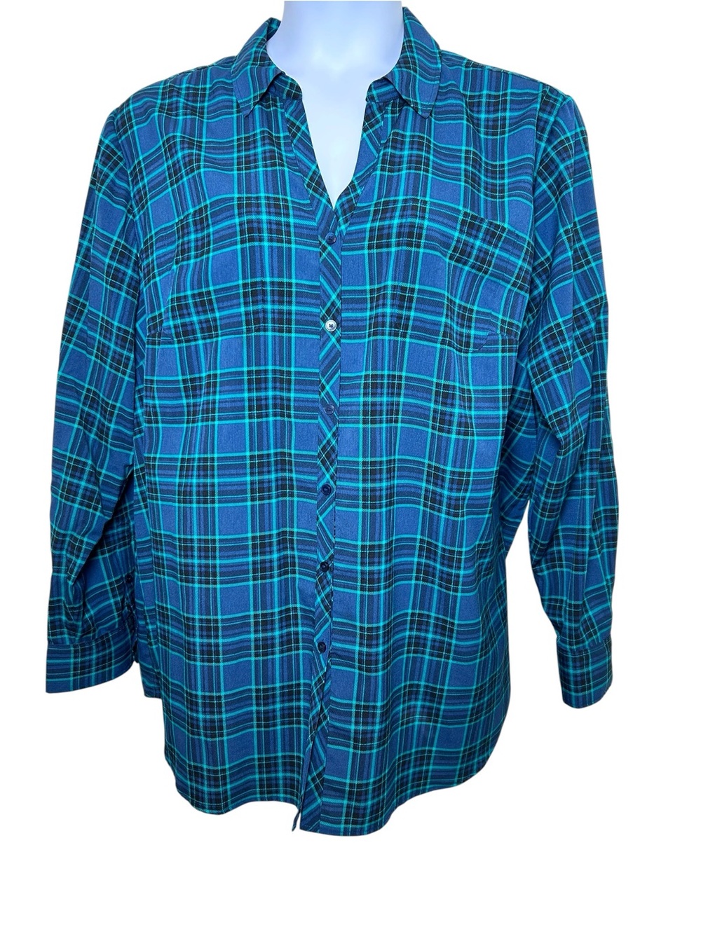 Talbots blue plaid long roll tab sleeve button top size 3X lightweight collared - Picture 2 of 10